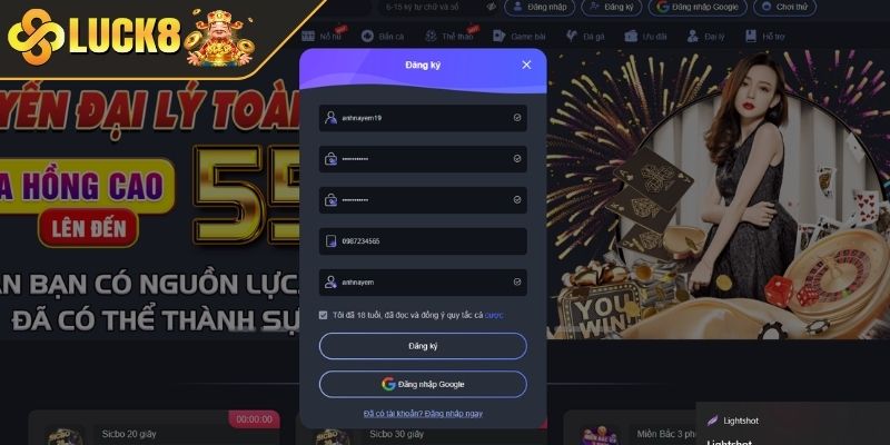 Nhập thông tin đăng ký LUCK8